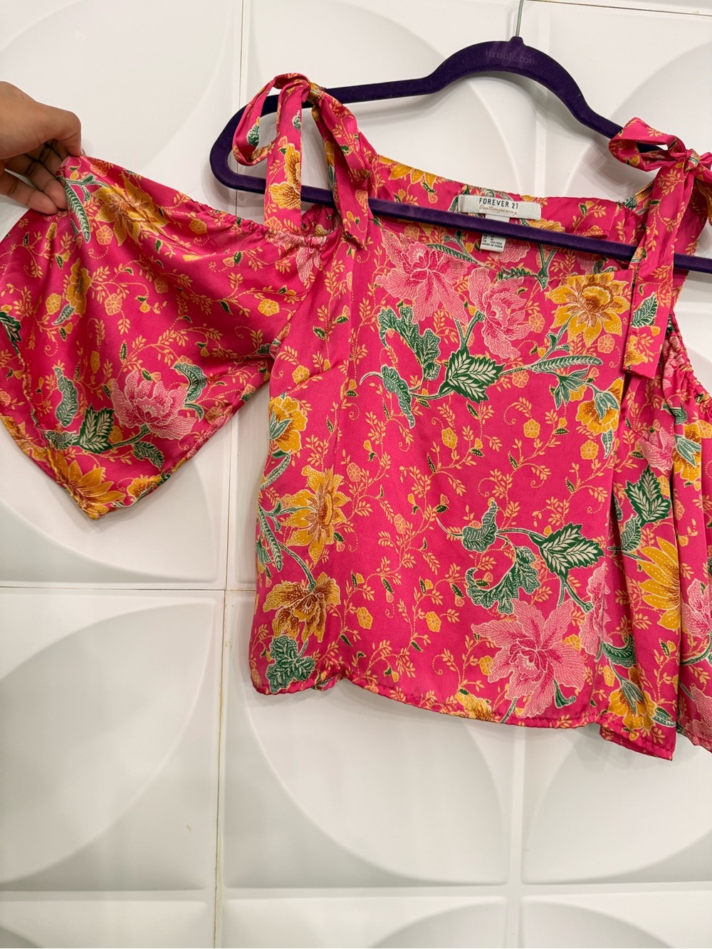 Forever 21 Satin Floral Cold-Shoulder Tie-Strap Crop Top